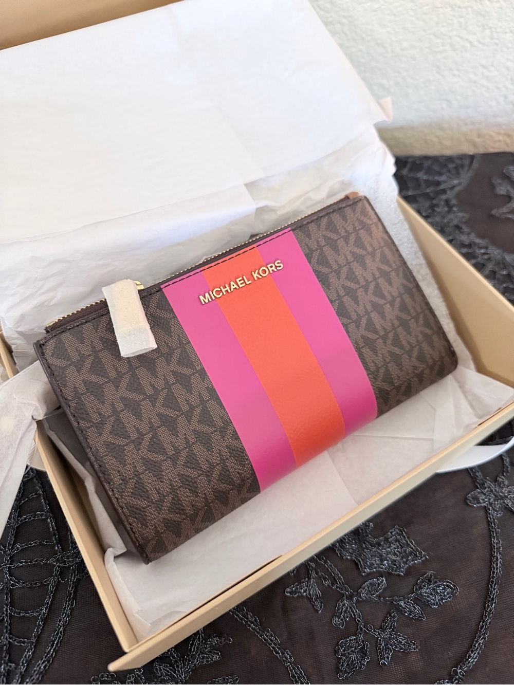 Michael Kors Brown Wallet with Pink and Orange Center Stripes